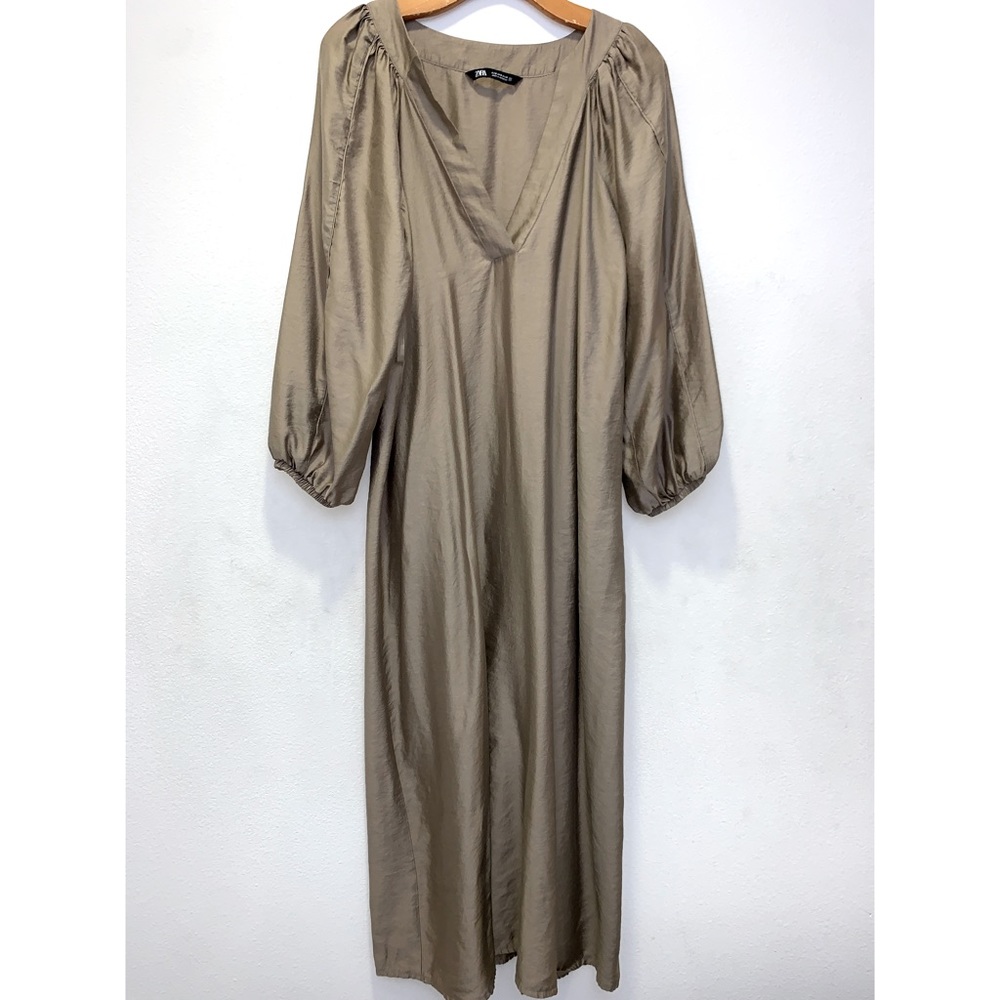 Zara Tan Metallic Lightweight Relaxed Balloon Sleeves  Maxi Dress Size S